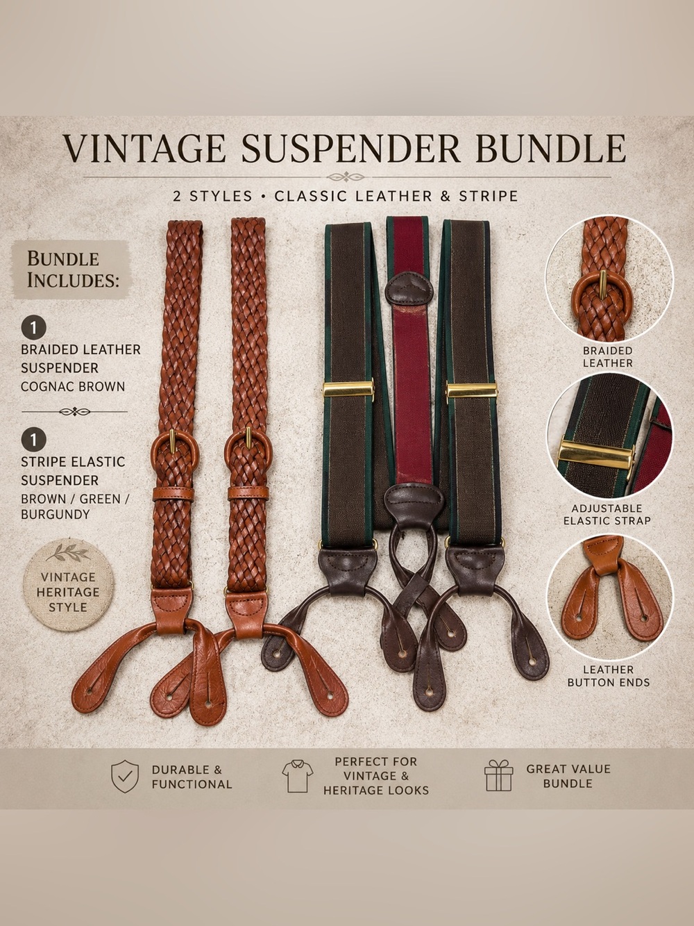 Vintage Leather Button Suspenders Bundle Braided Western Adjustable Braces Work